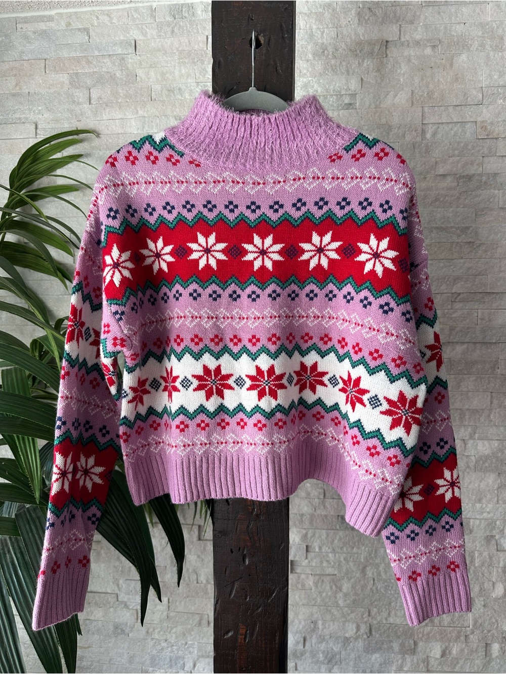 33 Degrees Cropped Fair Isle Mock Neck Holiday Sweater Size M